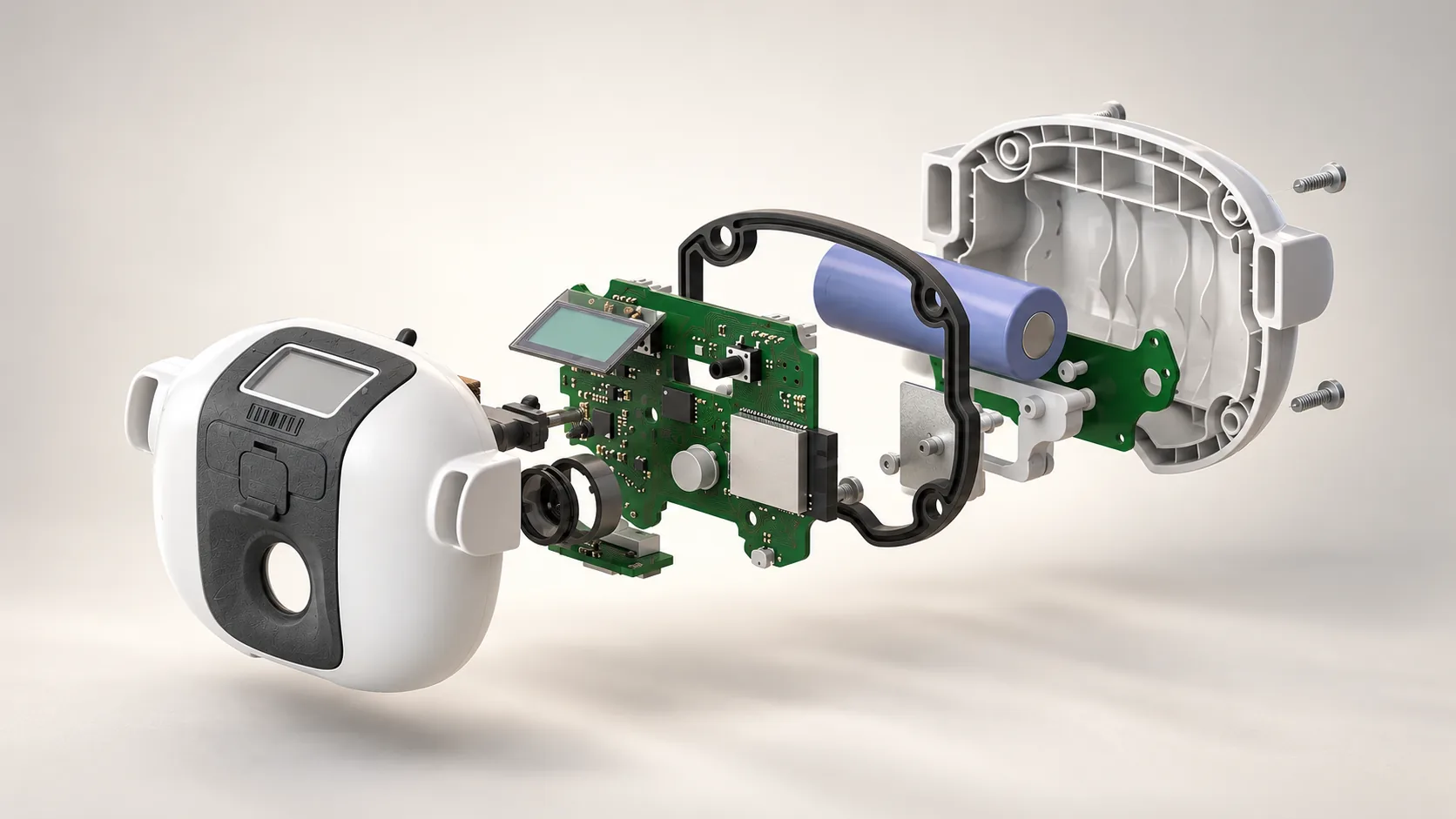 Exploded view of the Sniffer sensing device showing housing, sensor intake, electronics and battery.