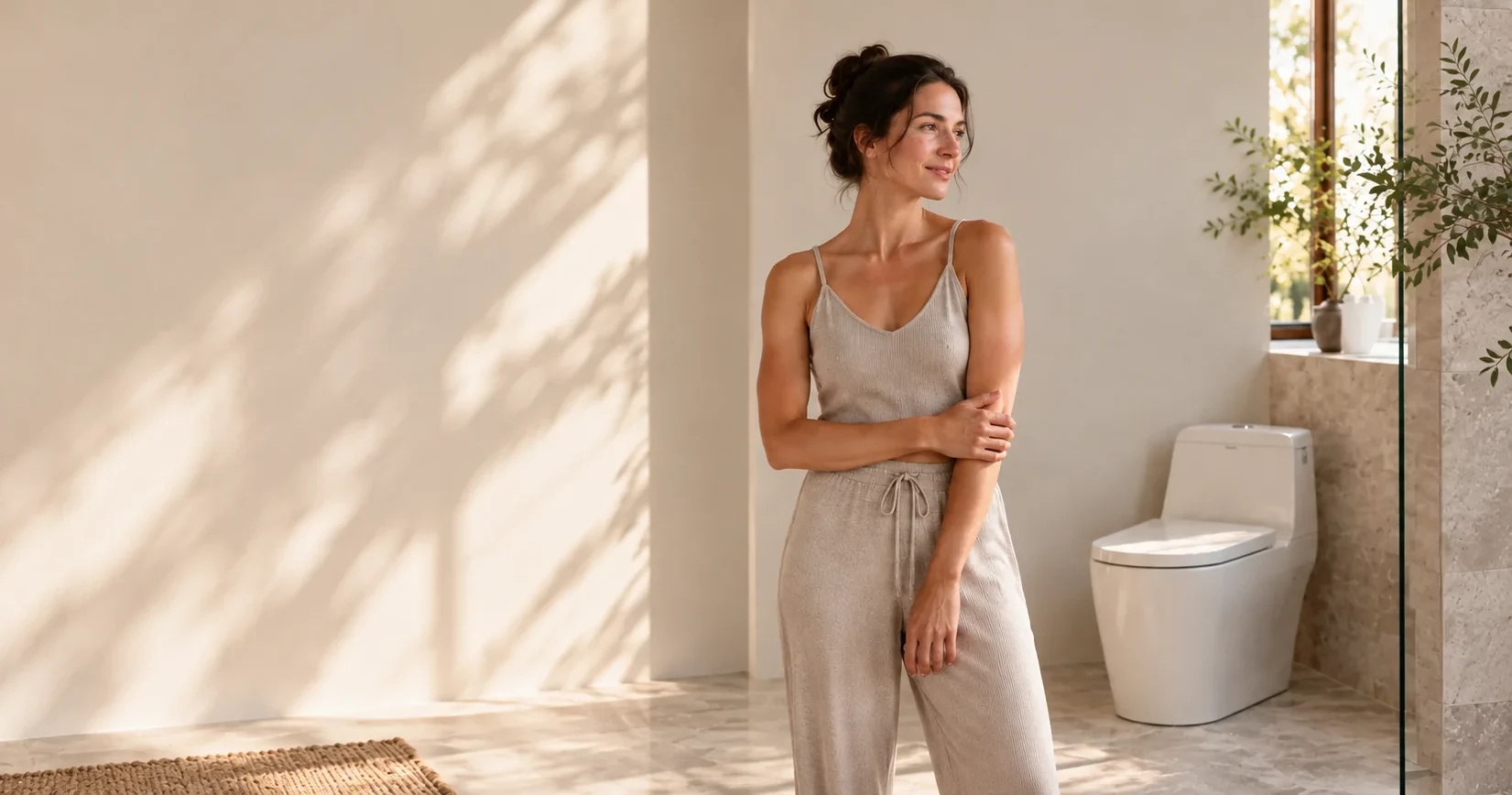 Woman in a home bathroom beside a toilet.