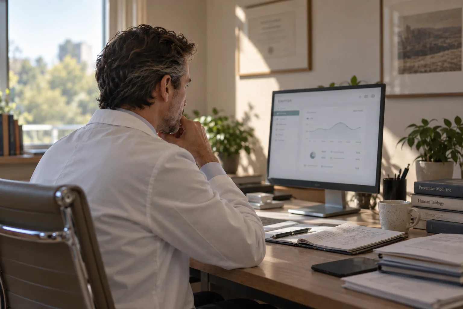 Health professional reviewing long-term trend graphics on a laptop